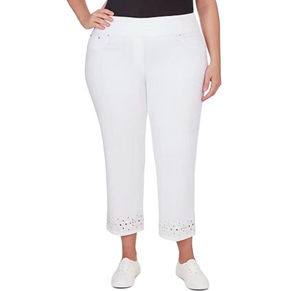 Ruby Rd Crisp White Embroidered Eyelet Rhinestone Ankle Length Pants Women's - Picture 1 of 11